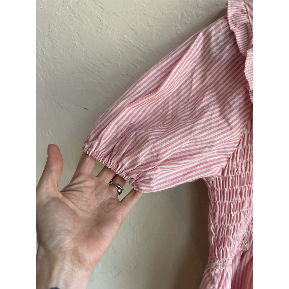 Umgee Striped Smocked Mini Dress NWT L Pink Peter Pan Collar Ruffle Coquette - Picture 6 of 11